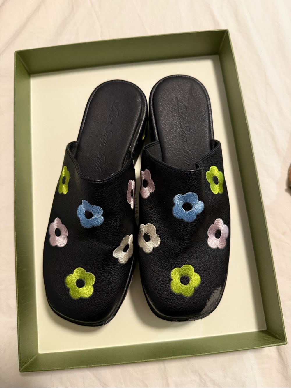 Black Leather Floral Embroidered Slip-On Mules